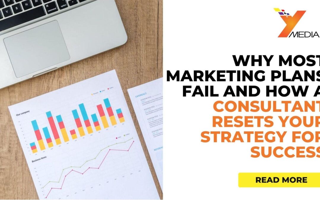 Marketing performance charts and analytics reports on a desk beside a laptop, illustrating strategic marketing planning and data-driven decision making